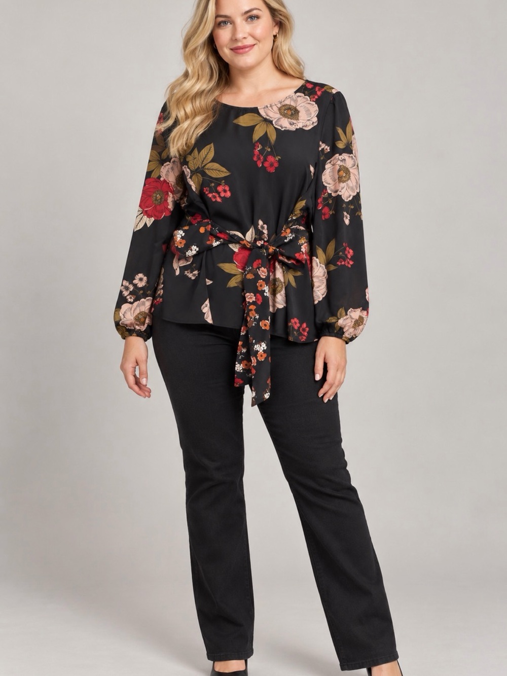 Eloquii Black Floral Tie-Waist Long Sleeve Top